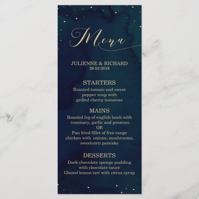Blue Watercolor Snowy Night Winter Wedding Menu (Anverso)