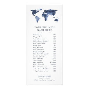 Blue Watercolor World Map Price List Service Menú