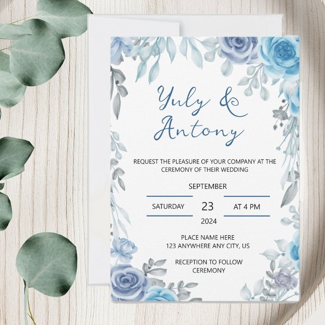 Blue wedding Invitación para boda azul floral (Tarjeta floral tonos azul y gris acuarela)
