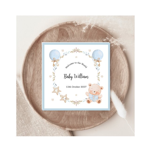 Blue Welcome Baby Boy Floral Frame Teddy Bear Card (Subido por el creador)