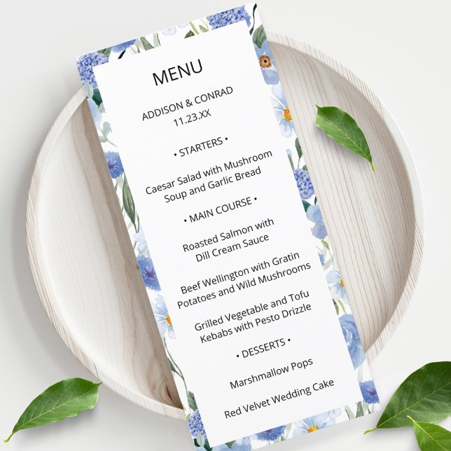 Blue Whimsical Watercolor Garden Wedding Menu (Subido por el creador)