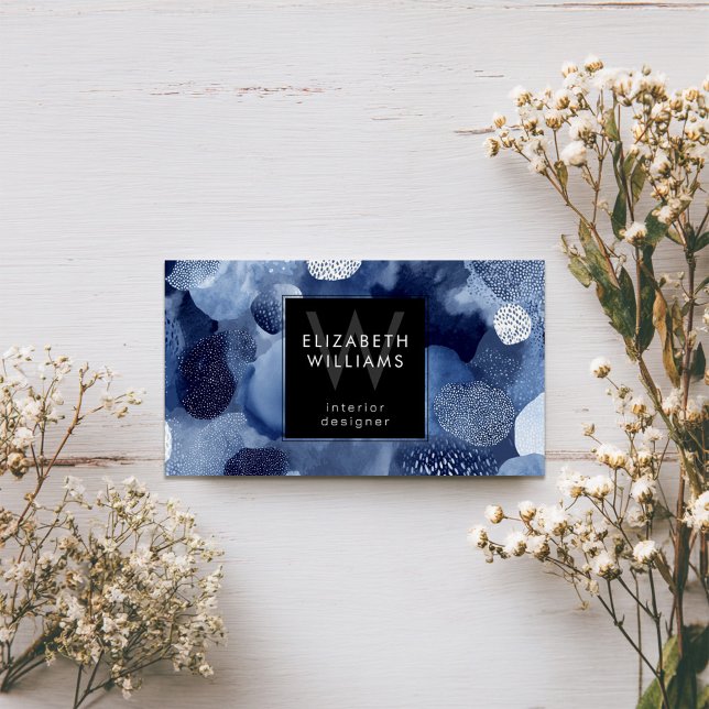 Blue White Abstract Monogram Modern Business Cards (Subido por el creador)