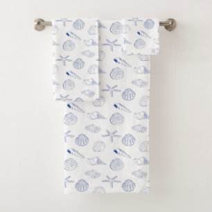 Blue White Hand Drawing Sea Shells Beach Summer