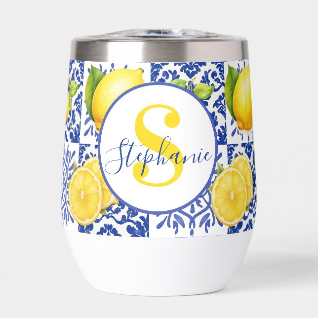 Blue White Lemon Tile Pattern Name Monogram Citrus (Frente)