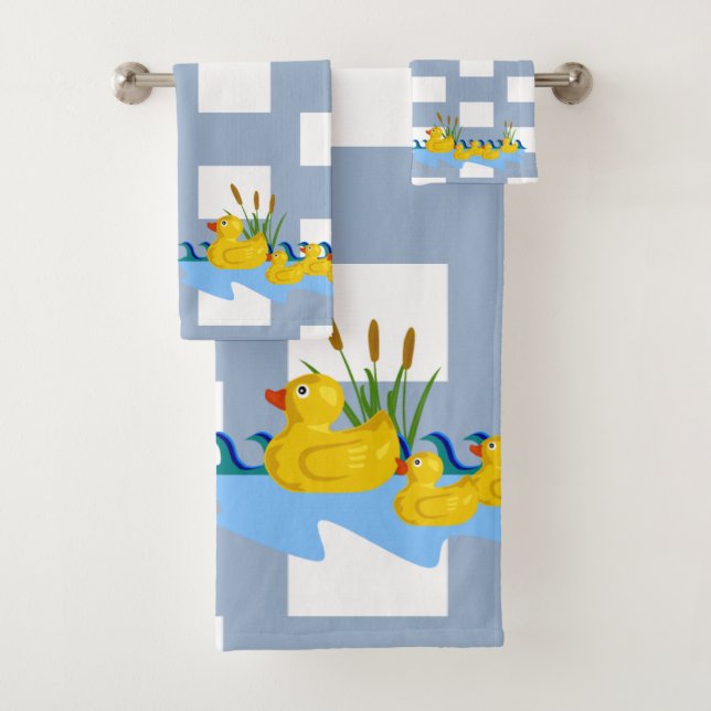 Blue & White Square Bathroom Towel Sets Ducks (In situ)