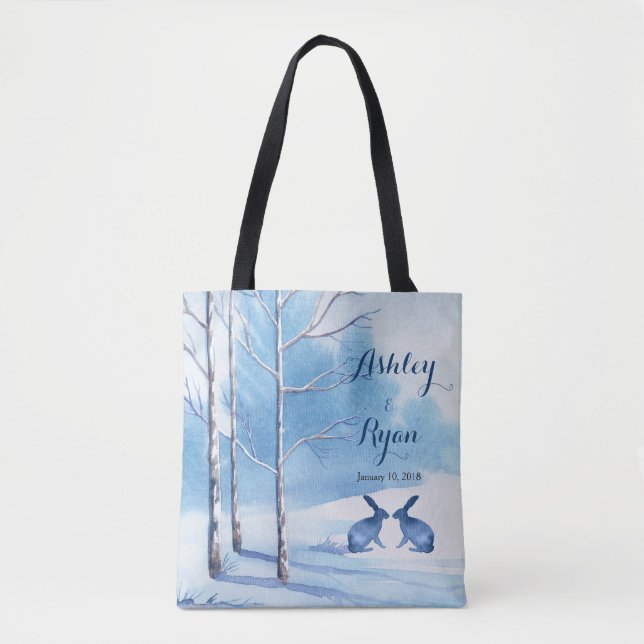 Blue White Trees Rabbits Bolsa de Boda de Invierno (Anverso)