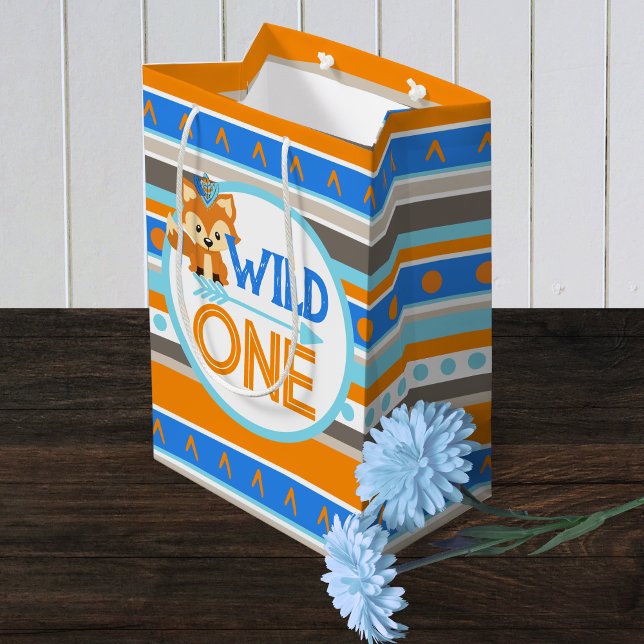 Blue Wild One Woodland Fox primera bolsa de regalo (Wild One Forest Fox 1st Birthday Medium Gift Bag )