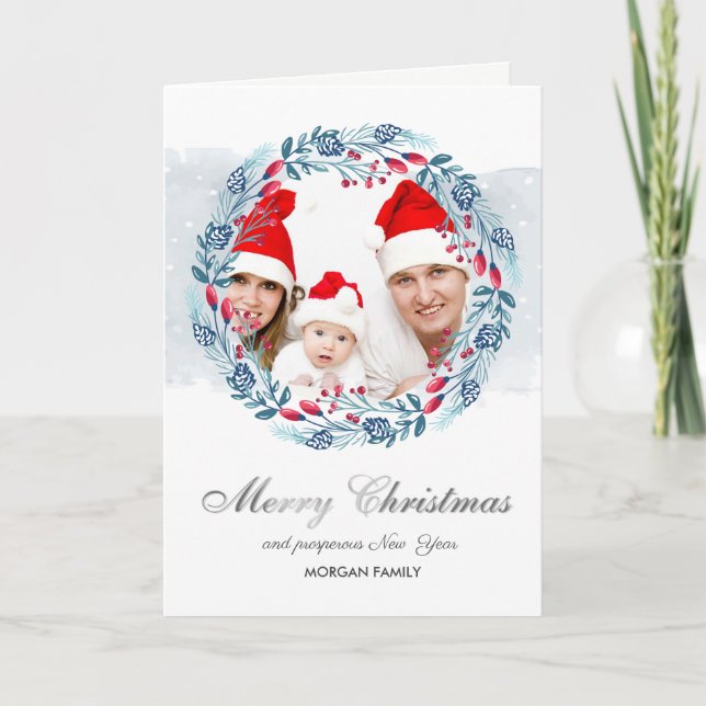 Blue Wreath Holly Berry Foto Feliz Navidad (Anverso)