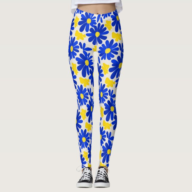 Blue & Yellow Retro Daisy Print Leggings (Anverso)