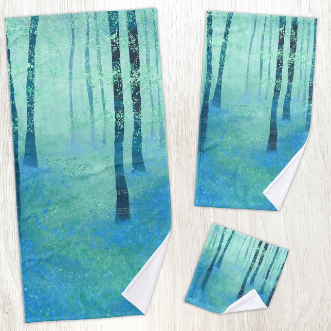Bluebell Woodland (Bluebell Woodland forest abstract blue and green landscape art bathroom towel set)