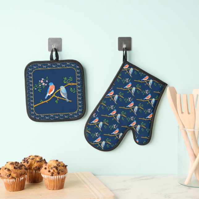 Bluebirds Oven Mitt & Pot Holder Set Blue (Insitu (colgante))