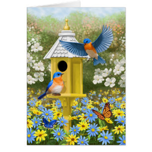 Bluebirds y azul del Birdhouse del hexágono