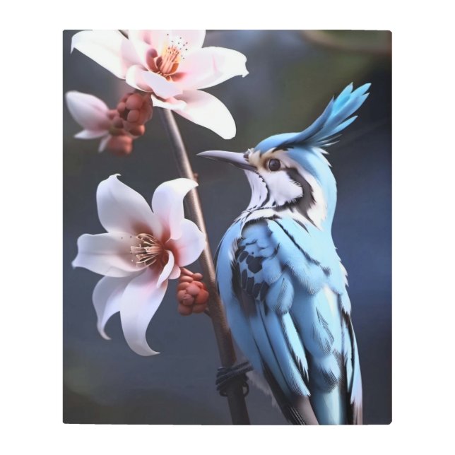 Bluejay y Flores Impresión de arte mural Metalizad (Anverso)