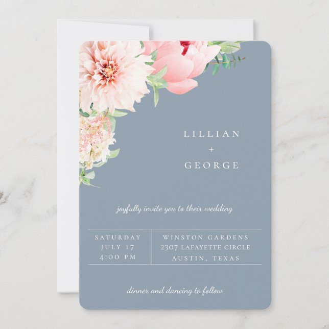 Blush Botánico | Invitación de Boda Azul Polvorien (Anverso)