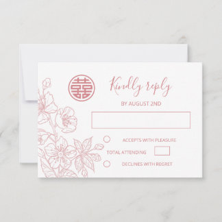 Blush Floral Line Art Chinese Wedding RSVP