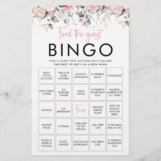 Blush Floral | Tarjeta de juego de Bingo para enco (Anverso)