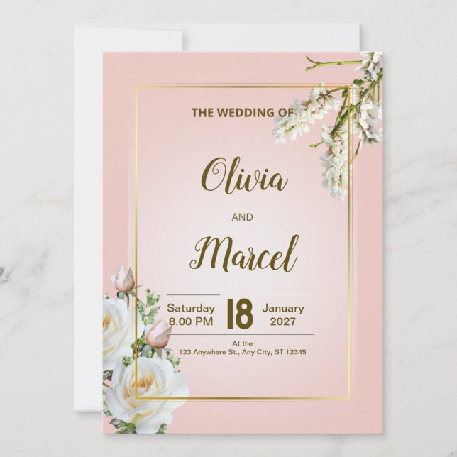 Blush Floral Wedding Invitation with Gold Frame (Anverso)