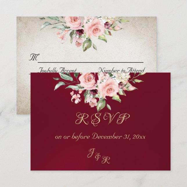 Blush Floral & Wreath RSVP - Burgundy (Anverso / Reverso)