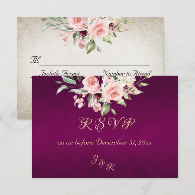 Blush Floral & Wreath RSVP - Purple (Anverso / Reverso)