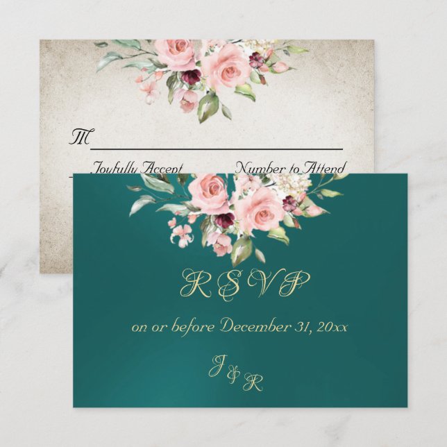Blush Floral & Wreath RSVP - Teal (Anverso / Reverso)