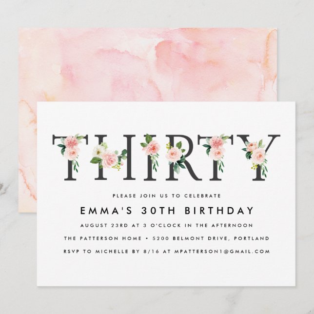 Blush Florals | Invitación a la fiesta de cumpleañ (Anverso / Reverso)