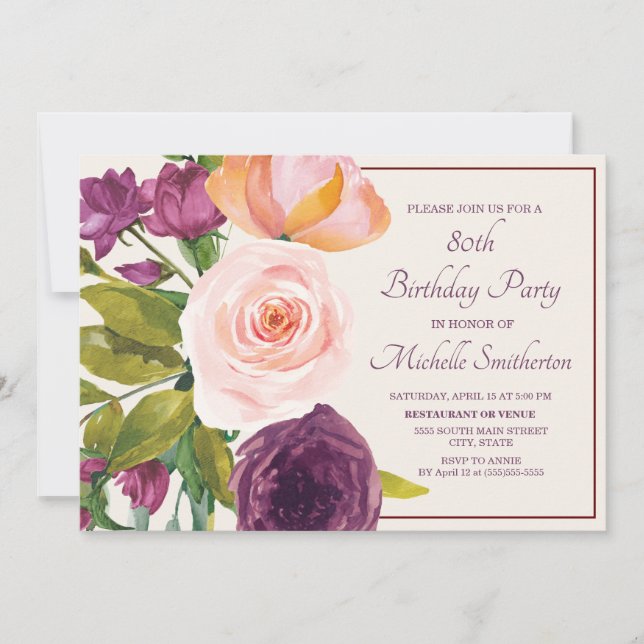 Blush Morado Floral Crema Cumpleaños 80 (Anverso)