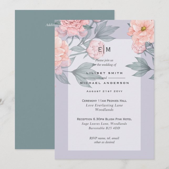 Blush Peach PEONIES Blue Wedding Invite Reception (Anverso / Reverso)