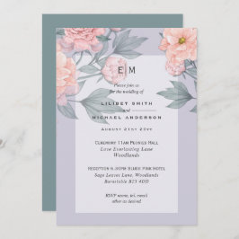 Blush Peach PEONIES Blue Wedding Invite Reception