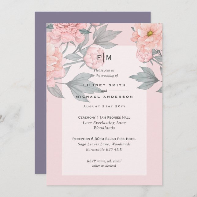 Blush Peach PEONIES Lilac Wedding Invite Reception (Anverso / Reverso)