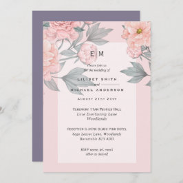 Blush Peach PEONIES Lilac Wedding Invite Reception