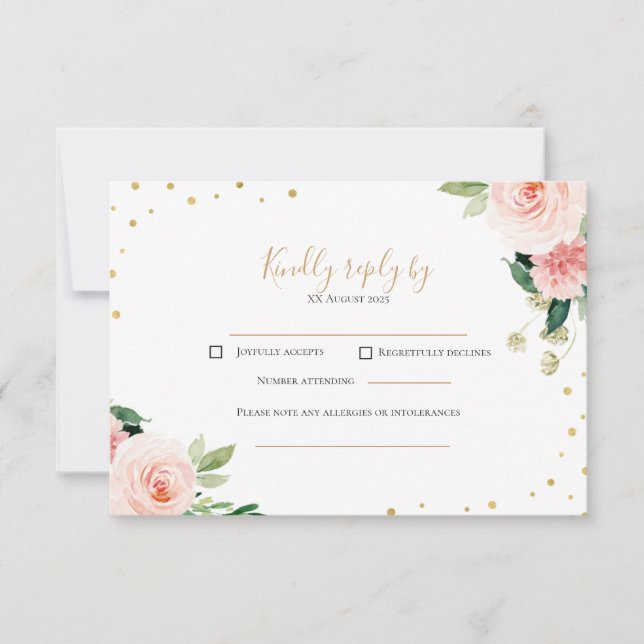 Blush pink gold peony floral wedding RSVP card (Anverso)