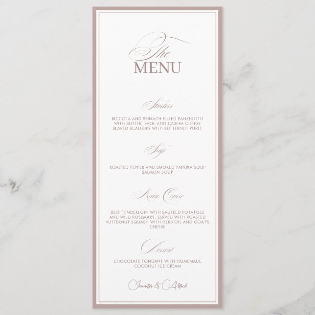 Blush Pink Old Money Wedding Dinner Menu Card (Anverso)