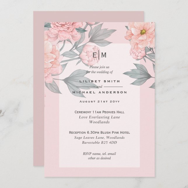 Blush Pink Peach PEONIES Wedding Invite Reception (Anverso / Reverso)