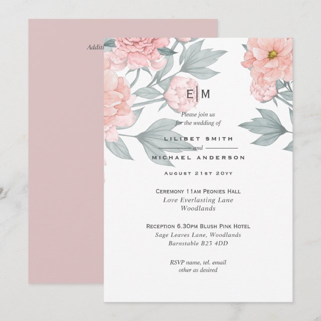 Blush Pink Peach PEONIES Wedding Invite Reception (Anverso / Reverso)