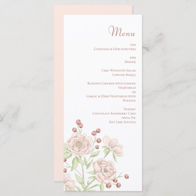 Blush Pink Roses Wedding Modern Menus (Anverso / Reverso)