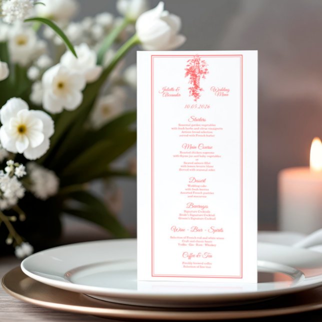Blush Pink Toile de Jouy Wedding Menu Card (Subido por el creador)