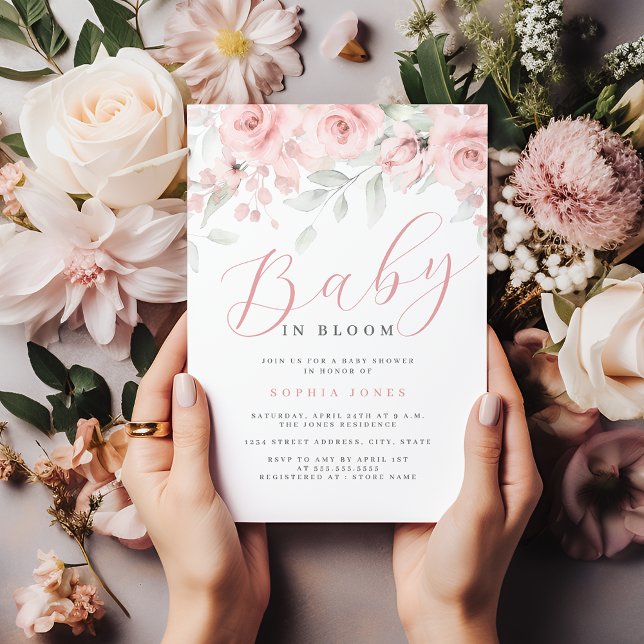 Blush Rosa Floral Niña Bebé en Flor Invitación par (Subido por el creador)