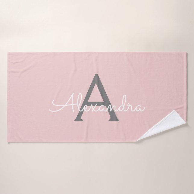 Blush Rosa Gris Moderno Guion Monograma Nombre (Toalla de baño)