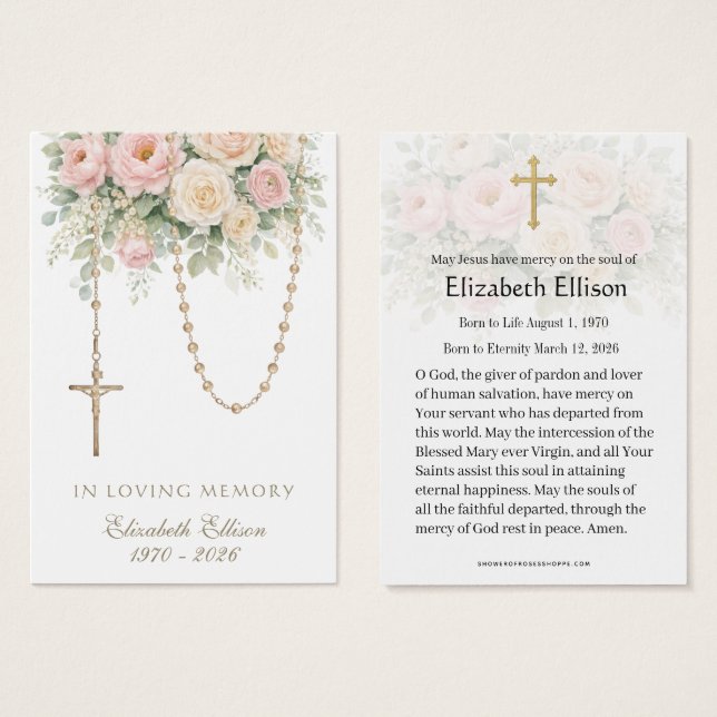 Blush Rose Rosary Draped Memorial Prayer (Anverso y reverso)