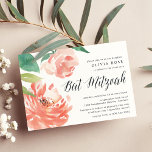 Blushing Peony | Invitación a Bat Mitzvah<br><div class="desc">Las invitaciones florales dulces para los mitzvahs de murciélago presentan peonías acuarelas en rosa y melocotón, acentuadas con vegetación exuberante. Personalizar con sus detalles de Bat Mitzvah alineados a la derecha y adornados con caligrafía de moda. Las invitaciones se invitan a un sutil fondo de agua color turbio y turbio....</div>