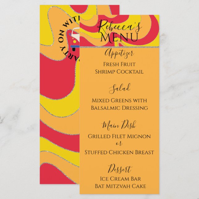 BM Bat Bar Mitzvah Elegant Silvery Swirl Food Menu (Anverso / Reverso)