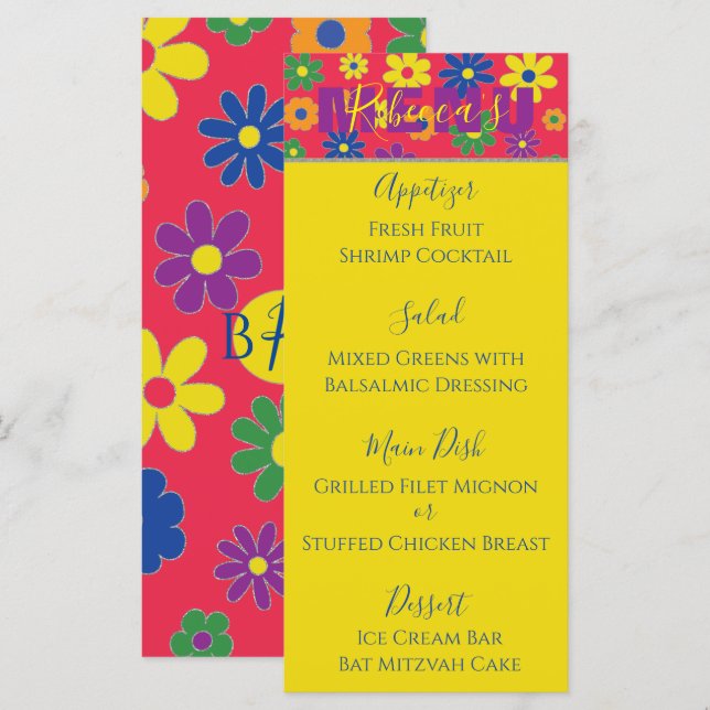 BM Bat o Bar Mitzvah Elegante menú de comida flori (Anverso / Reverso)