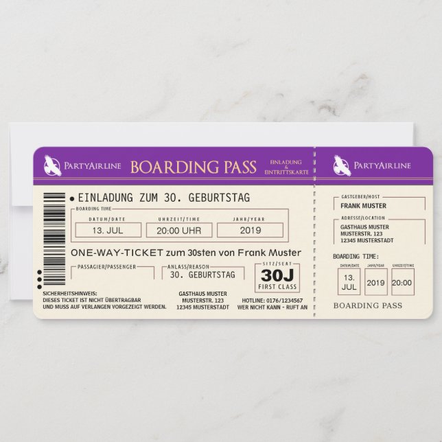 BOARDING PASAPORTE billete de avión tarjeta de (Anverso)