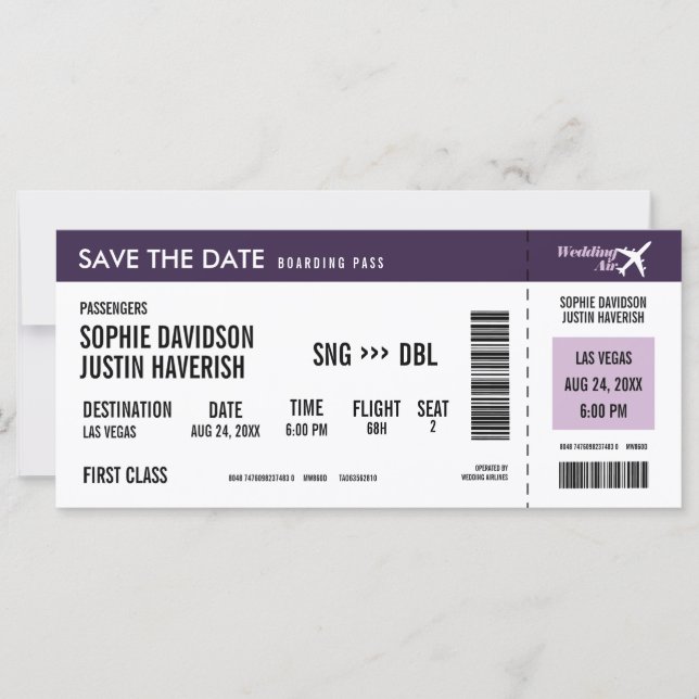 Boarding Pass Vintage Purple White Guardar la fech (Anverso)