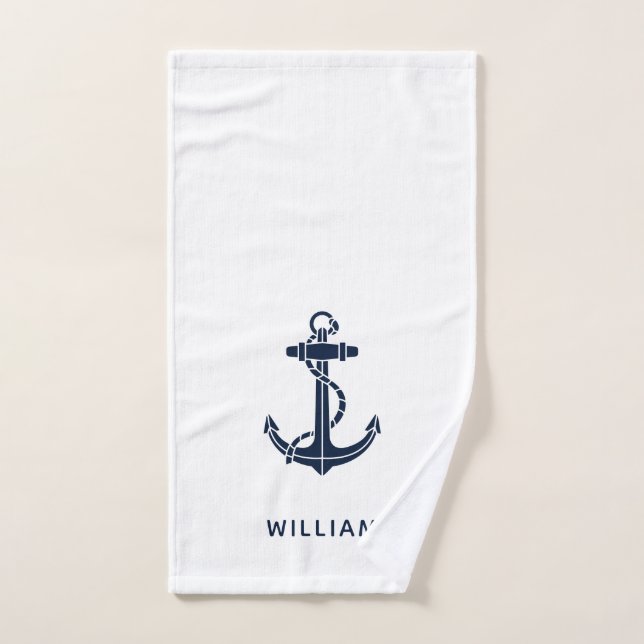 Boat Anchor Nautical Navy Blue Personalized (Toalla de mano)