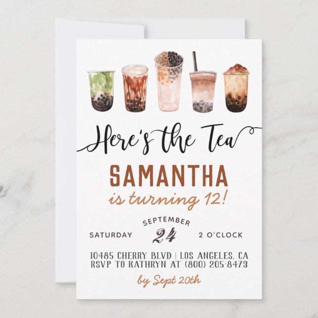 Boba Esta es la invitación de cumpleaños del té (Anverso)