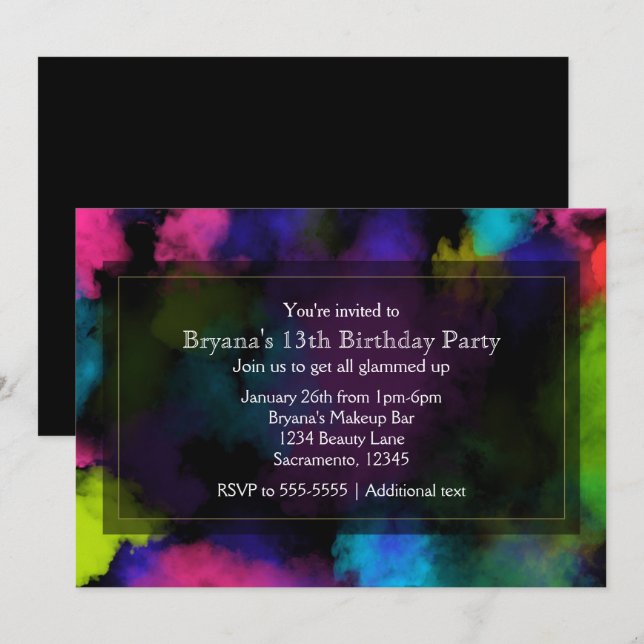 Bocadas de colores maquillaje invitaciones a la fi (Anverso / Reverso)