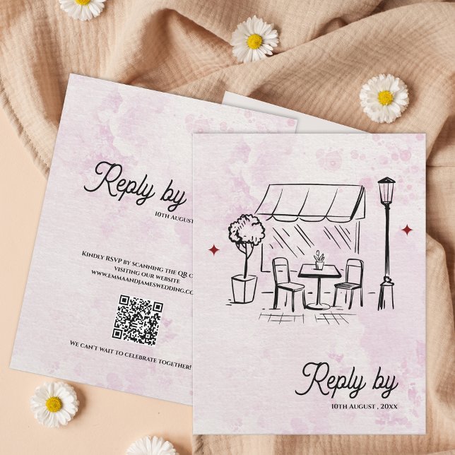 Boceto de Café Romántico Código QR Respuesta de Bo (Romantic Café Sketch QR Code Wedding Reply By RSVP Card)