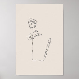 Boceto de Rosa con Pluma - Póster Floral y Minimal