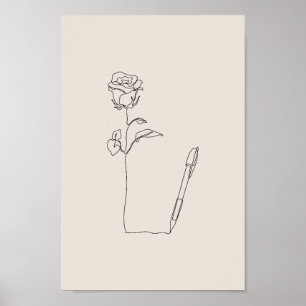 Boceto de Rosa con Pluma - Póster Floral y Minimal